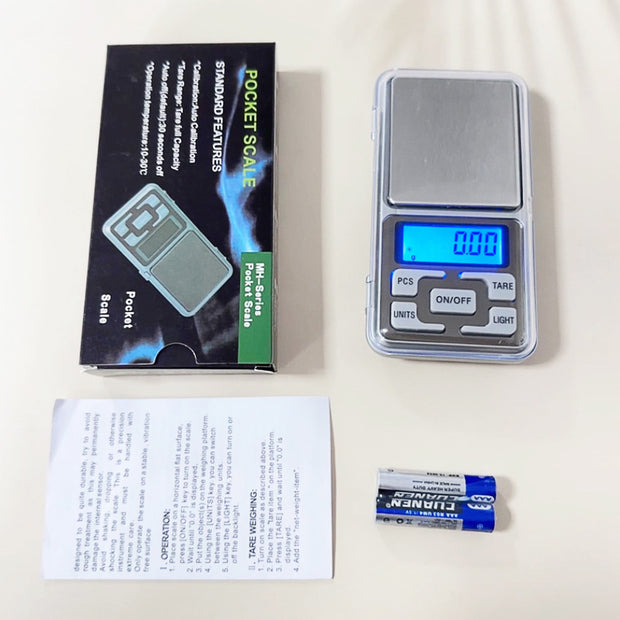 Digital pocket scale kit with instruction sheet, two batteries, box and 0.01g LCD display