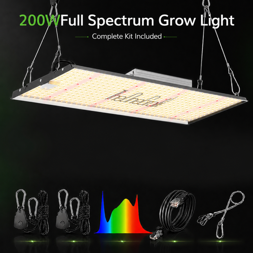 TheOneGrow 200W full spectrum grow light complete kit with hangers, cable and light spectrum