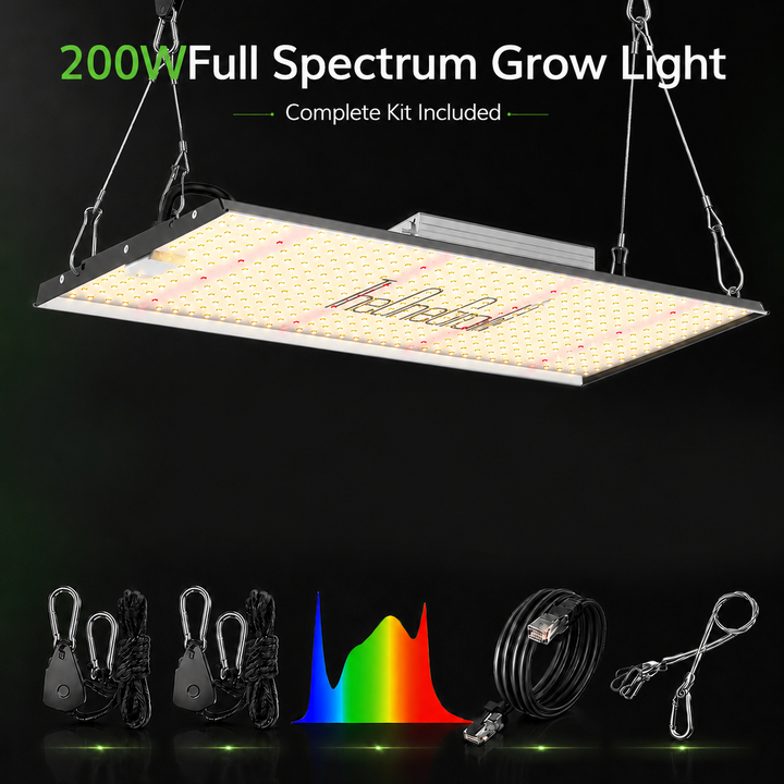 TheOneGrow 200W full spectrum grow light complete kit with hangers, cable and light spectrum