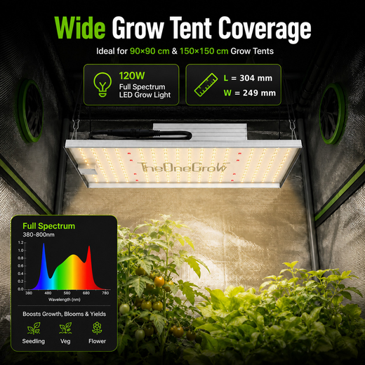 120W full spectrum LED grow light in tent, showing 90x90cm and 150x150cm coverage with plants
