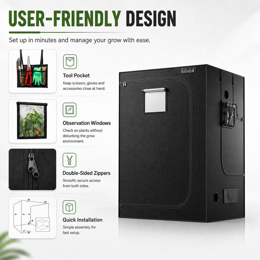 Grow tent fabric and functional design details