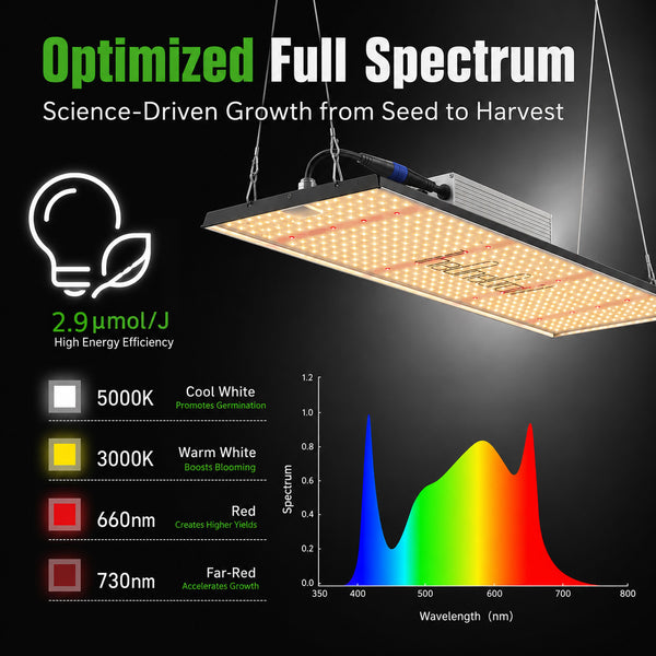 MA200 full spectrum LED grow light with 5000K, 3000K, 660nm, 730nm and 2.9 umol/J