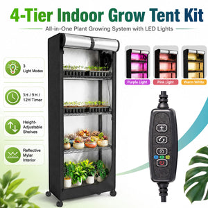 4-tier plant shelf with grow lights and cover for seedlings, herbs and small indoor plants