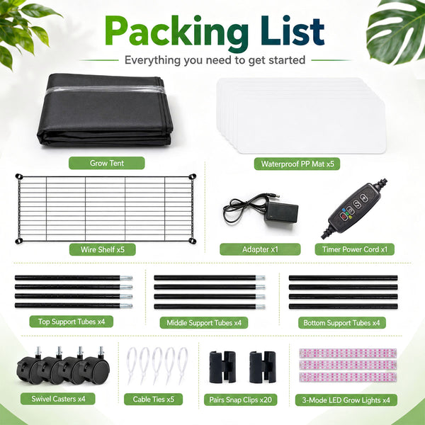 TheOneGrow 4-tier grow shelf packing list with cover, wire shelves, LED bars, cords, clips and casters