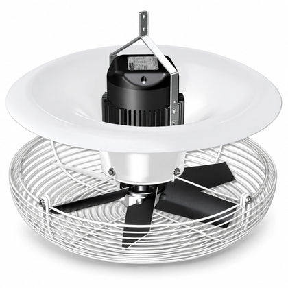 45 cm fixed destratifier fan with a white airflow deflector, metal guard and overhead mounting bracket