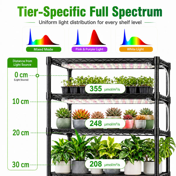 Tier-specific full spectrum grow shelf chart with light distance and PPFD readings for each shelf level