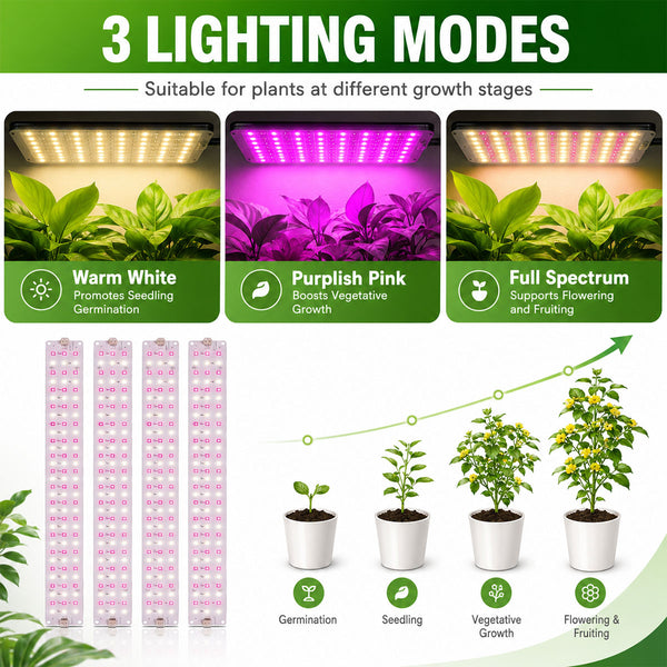 3 lighting modes for plant grow shelf with warm white, purplish pink and full spectrum LED bars
