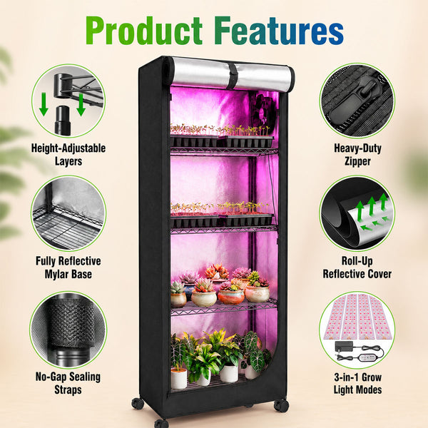 TheOneGrow grow shelf feature chart with adjustable layers, reflective base, zipper and caster wheels