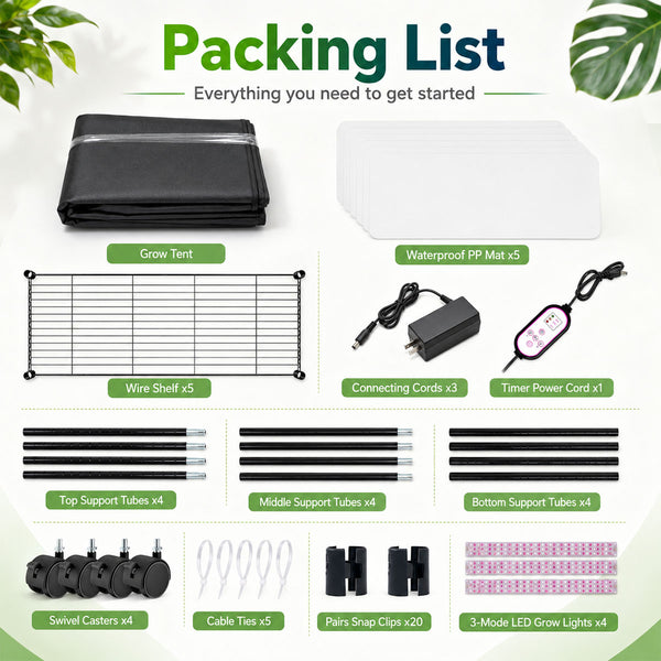 TheOneGrow 5-tier grow shelf packing list with cover, wire shelves, LED bars, cords, clips and casters