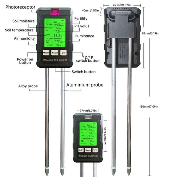 6-in-1 Multifunctional Soil Tester---Fertility/Moisture/Temperature/PH/Sunlight Intensity/Ambient Humidity