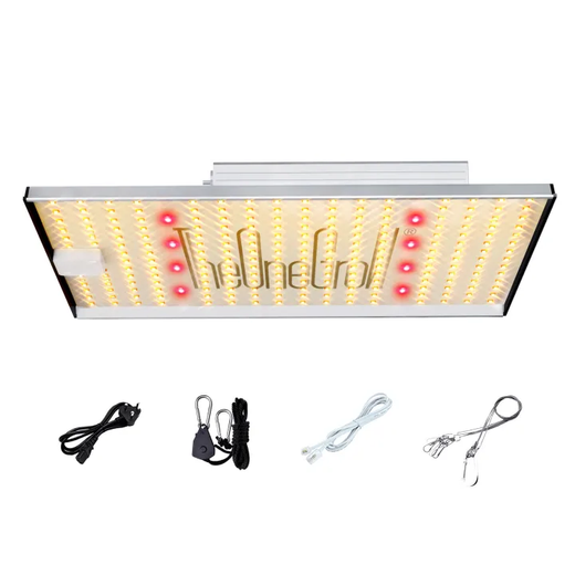 TheOneGrow 120W quantum board LED grow light with lit panel, power cord and hanging accessories