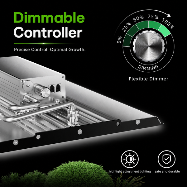 0-100% dimmable controller on MA200 LED grow light with knob, in-out ports and stage control