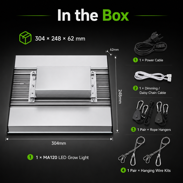 In the box layout for 120W LED grow light, 304x248x62mm panel, power cable and hangers