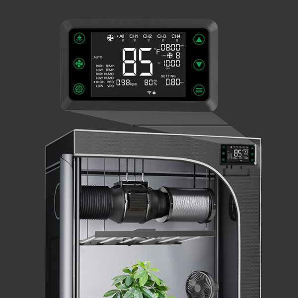 Smart controller mounted on a grow tent beside ducted ventilation, inline fan and clip fan equipment
