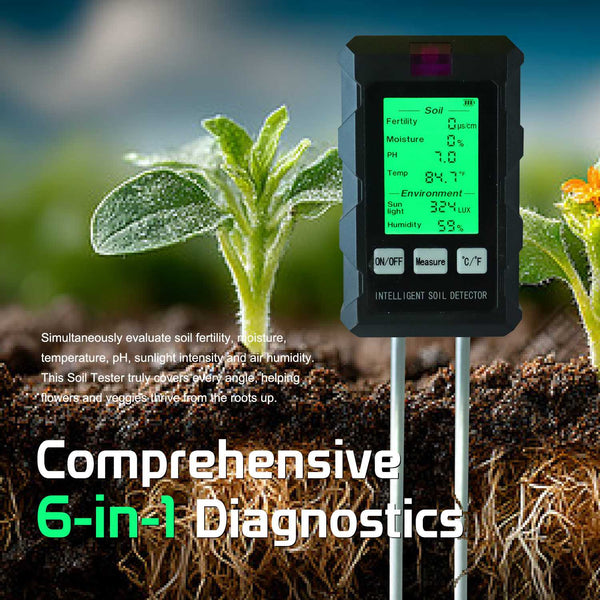 6-in-1 Multifunctional Soil Tester---Fertility/Moisture/Temperature/PH/Sunlight Intensity/Ambient Humidity