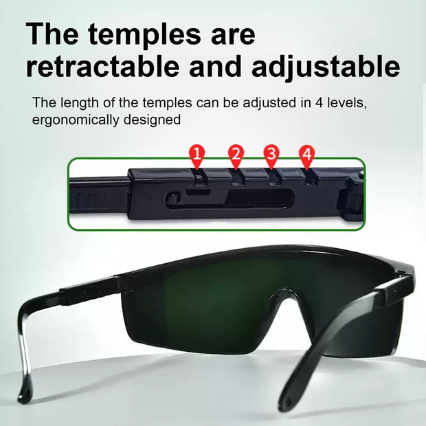 Adjustable grow room safety glasses with four-level retractable temples for comfortable fit