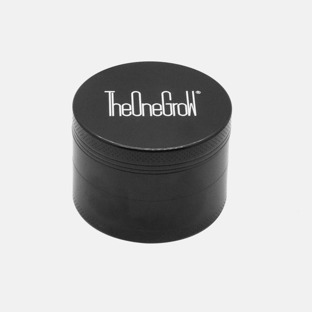 TheOneGrow 55mm black weed grinder with round zinc alloy body and branded magnetic lid