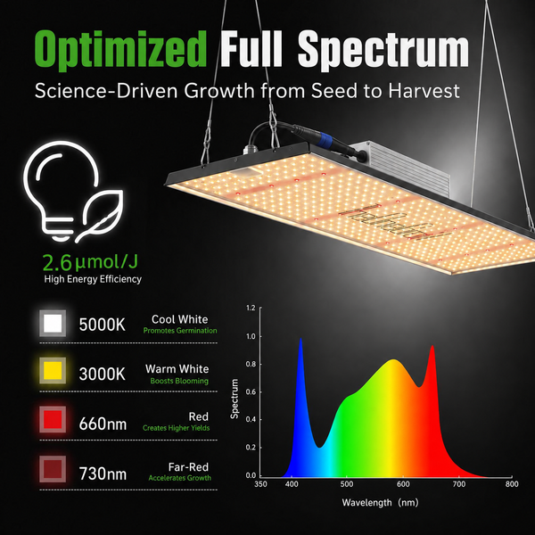 TheOneGrow MA200 200W full spectrum LED grow light with 2.6 µmol/J efficacy and spectrum chart