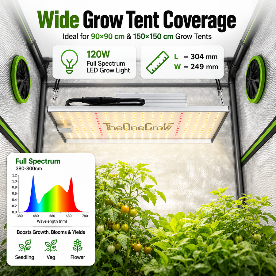 LED grow light illuminating plants in an indoor growing setup