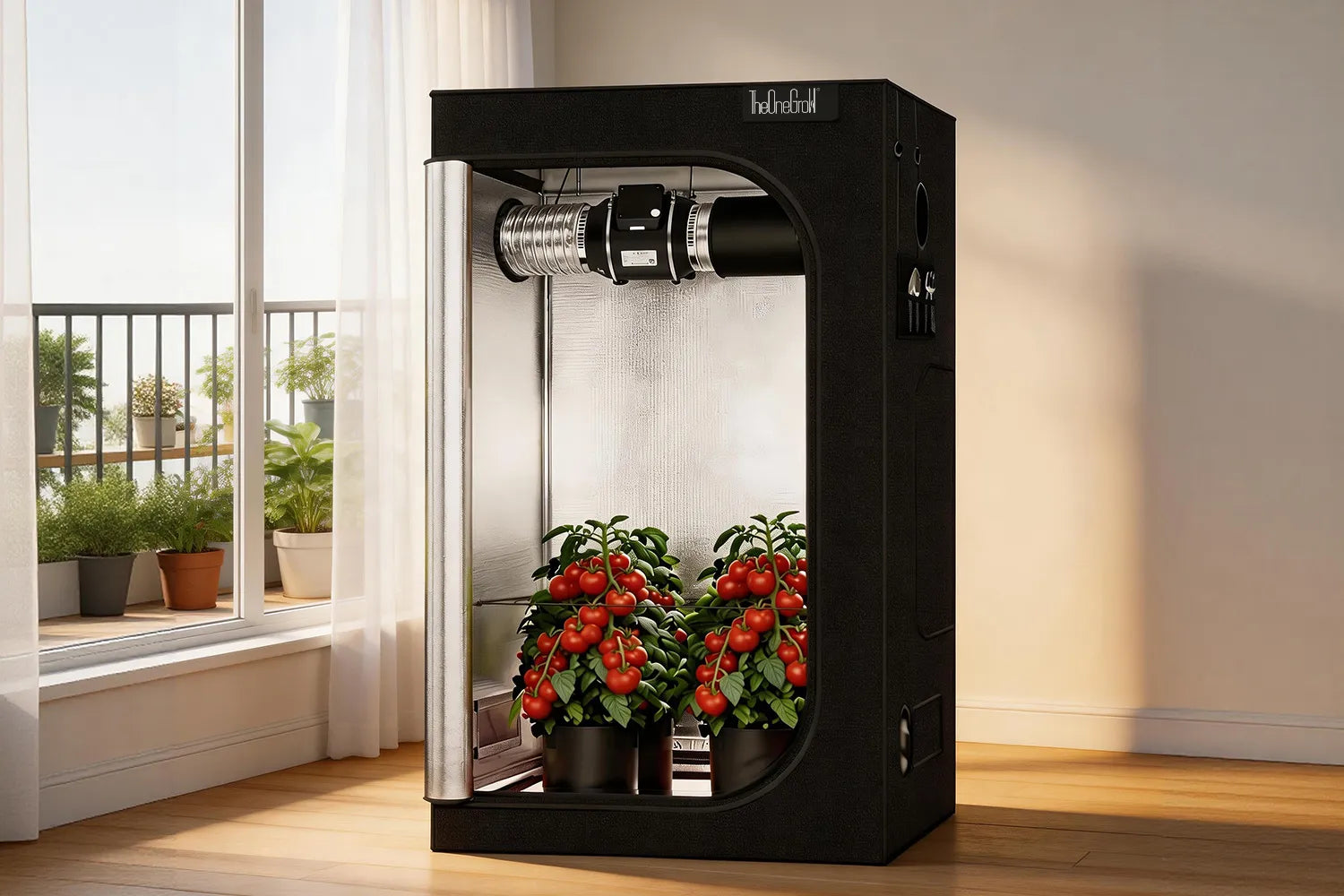 Indoor grow tent with healthy flowering plants