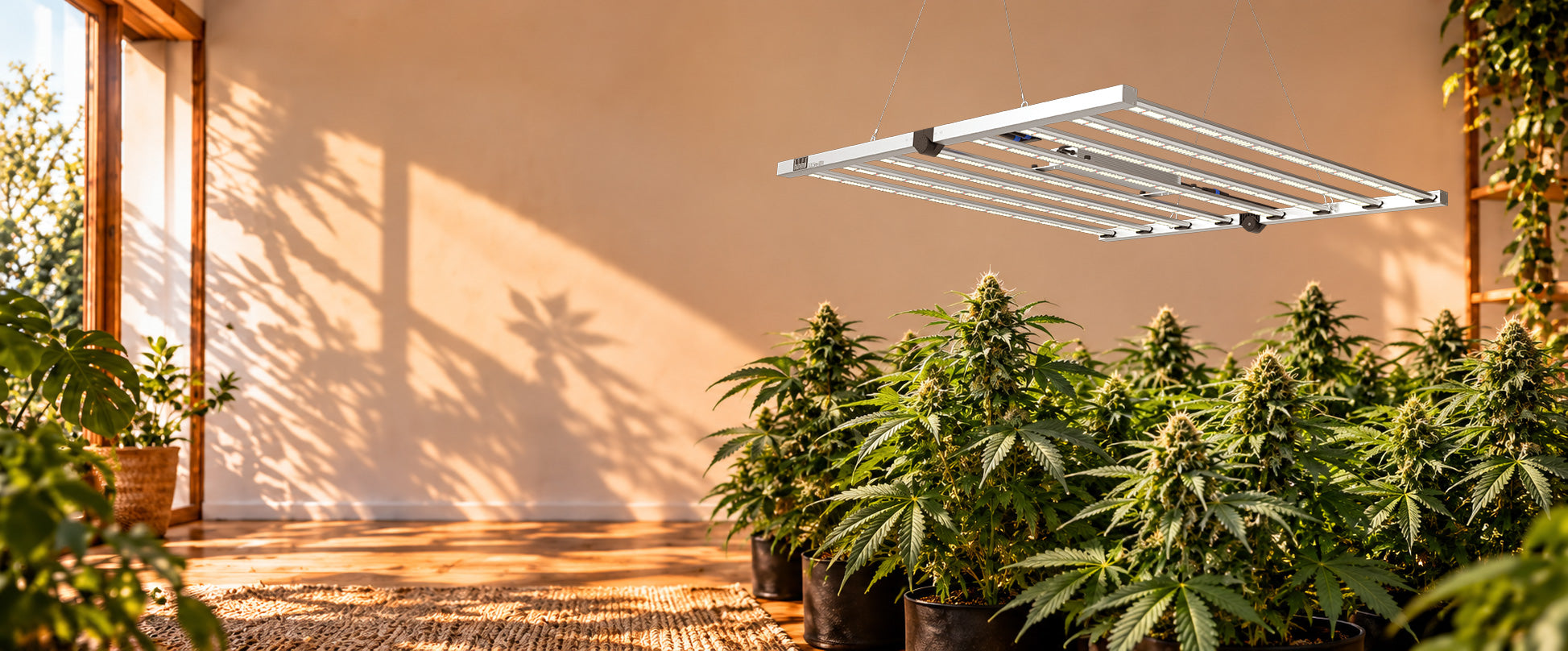 TheOneGrow full-spectrum 800W LED grow light suspended above flowering plants in a sunlit indoor growing space