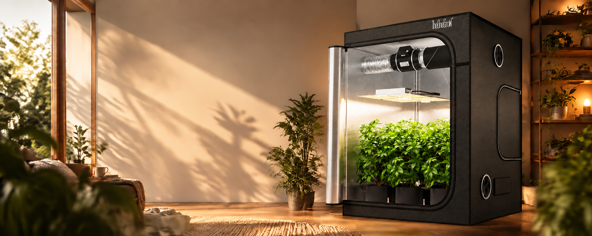 Indoor grow tent with LED lighting, ventilation and plants in a sunlit room